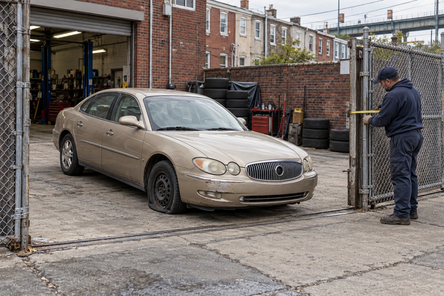 Tow professional measuring a gated repair-yard entrance around a gold Buick sedan in Kensington Philadelphia