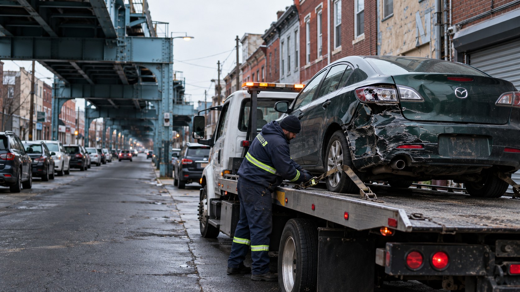 Damaged green Mazda3 being secured on a flatbed beneath the elevated rail in Kensington Philadelphia