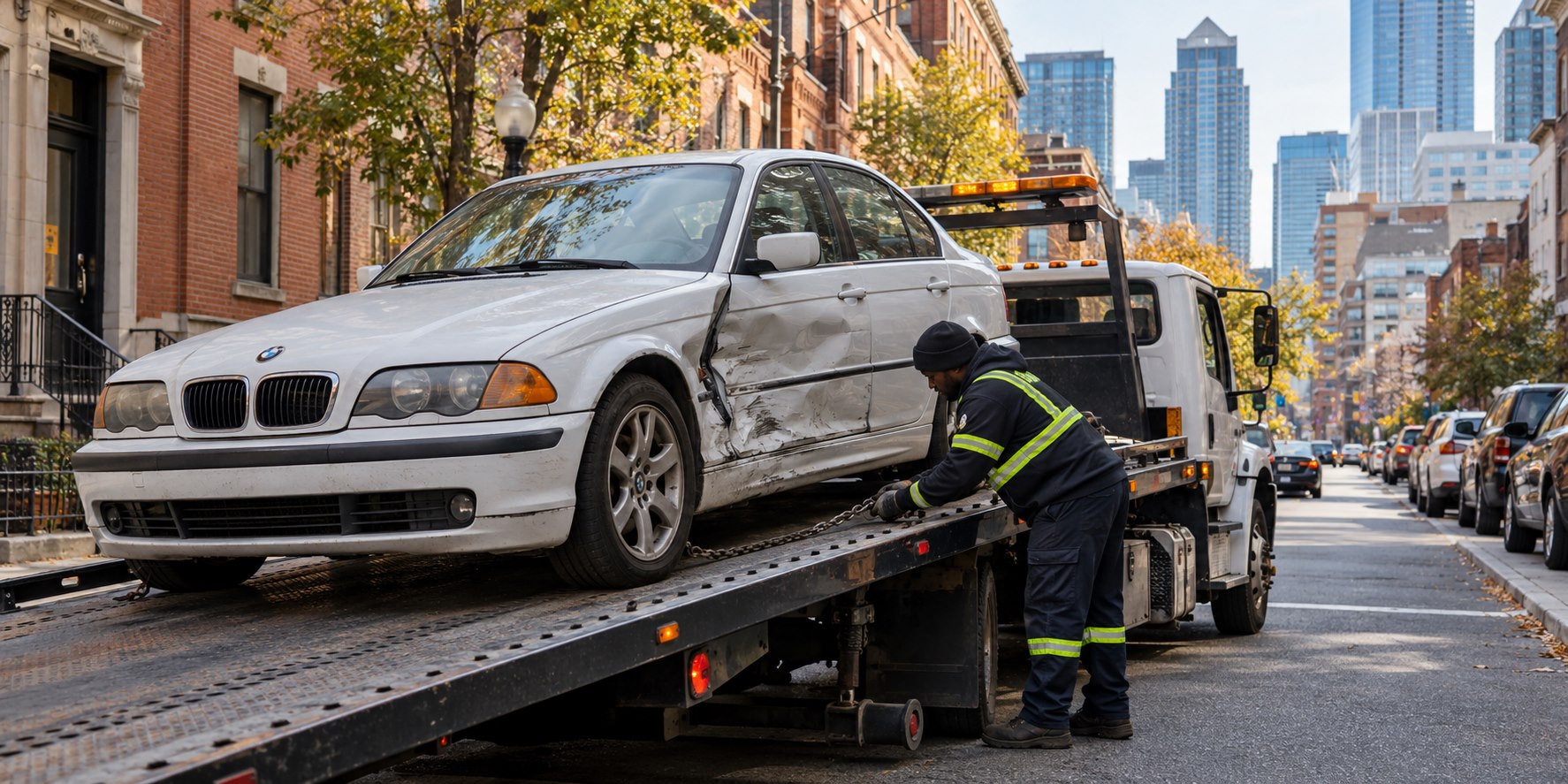 Damaged white BMW sedan secured on a compact flatbed on a Center City Philadelphia side street