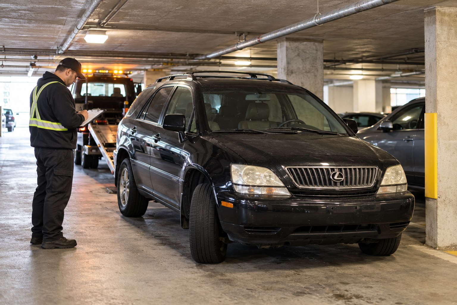 Black Lexus SUV inspected inside a low-clearance Center City Philadelphia parking garage