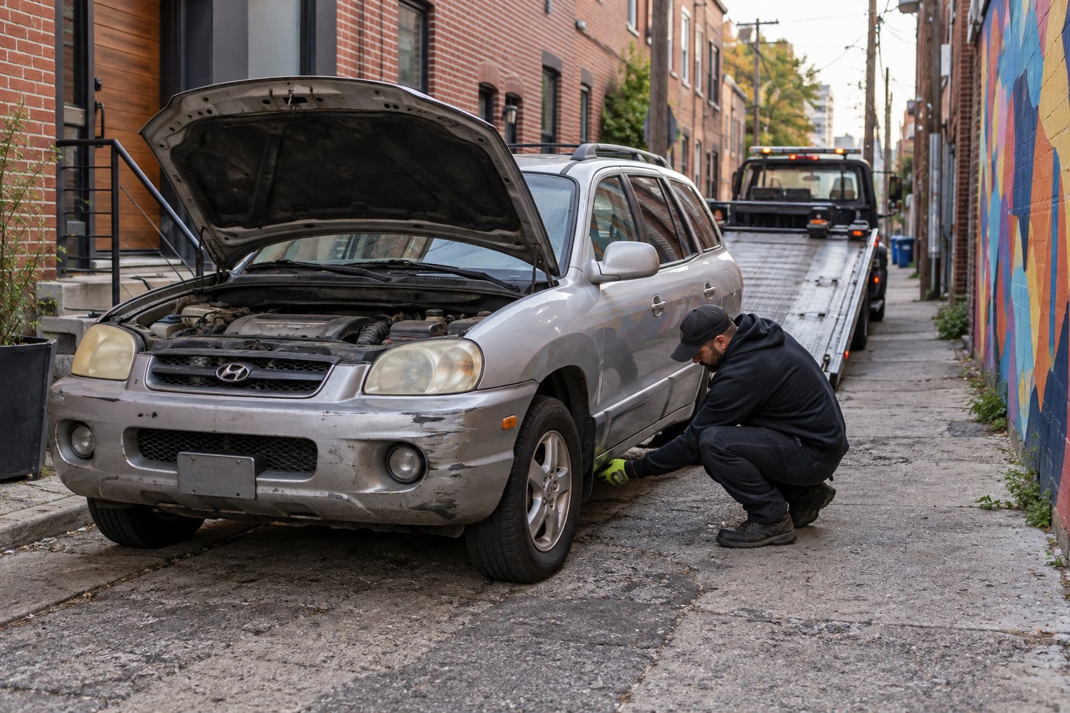 Silver Hyundai Santa Fe inspected in a narrow Fishtown alley before junk car pickup