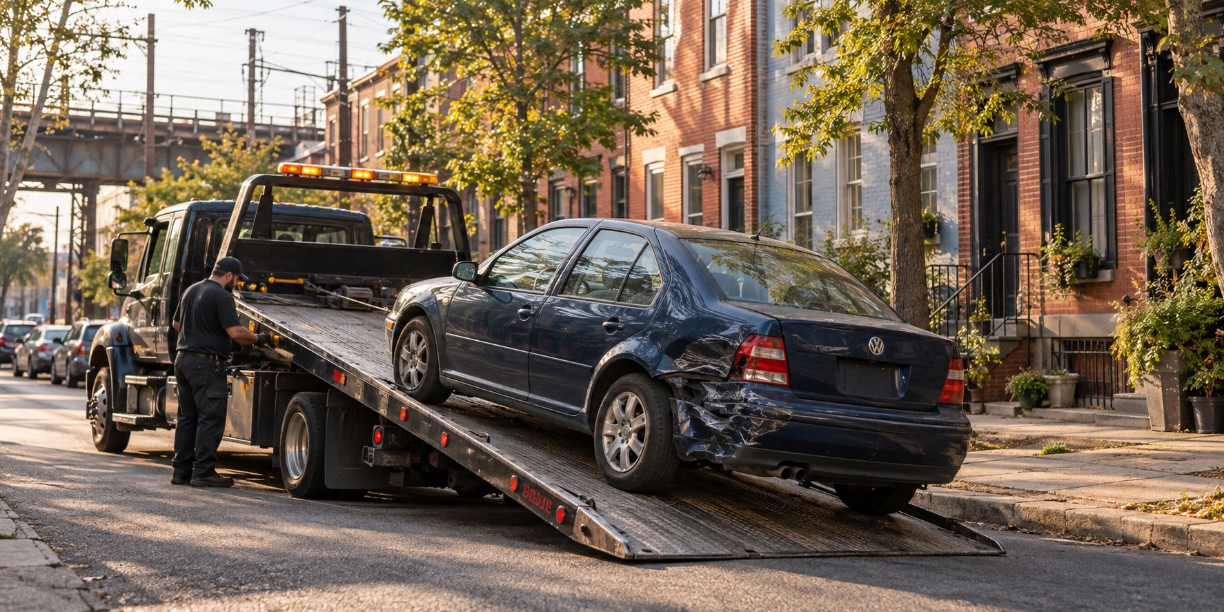 Damaged blue Volkswagen Jetta being loaded onto a flatbed on a Fishtown Philadelphia rowhouse block
