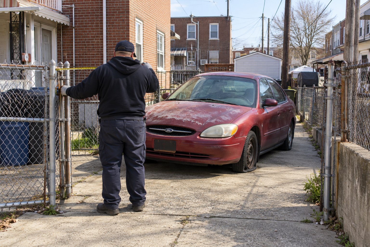 Older red Ford Taurus in a narrow gated driveway in Frankford Philadelphia
