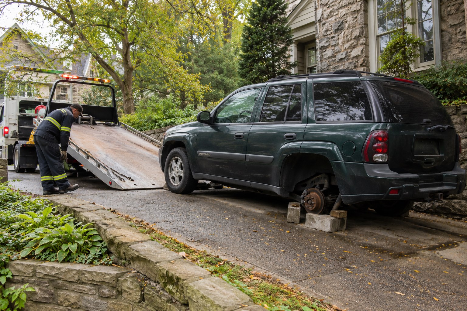 Green Chevrolet TrailBlazer missing a rear wheel on a sloped Germantown driveway