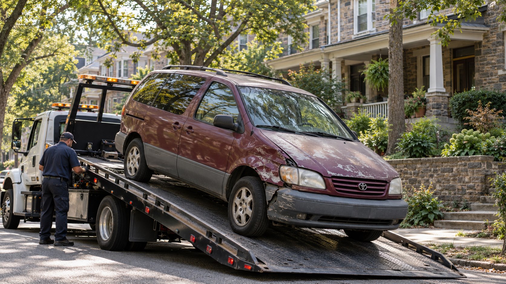 Weathered burgundy Toyota Sienna loaded on a flatbed beside historic stone homes in Germantown Philadelphia