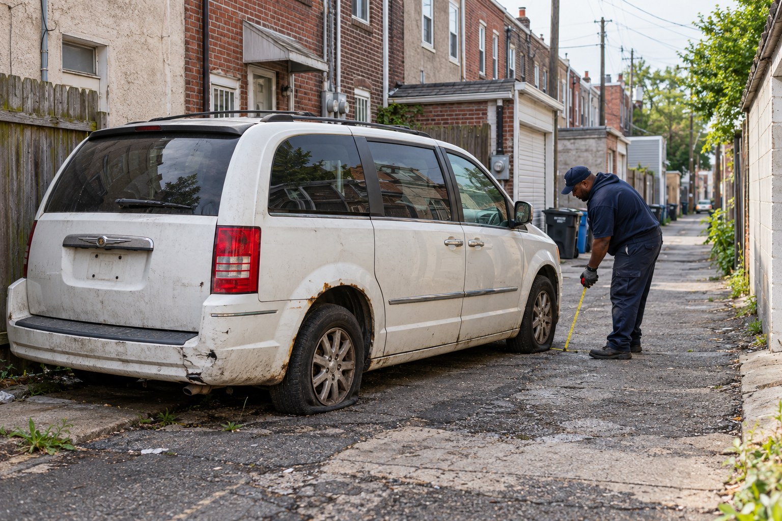 Tow professional checking clearance around a white Chrysler minivan in a narrow North Philadelphia rear alley