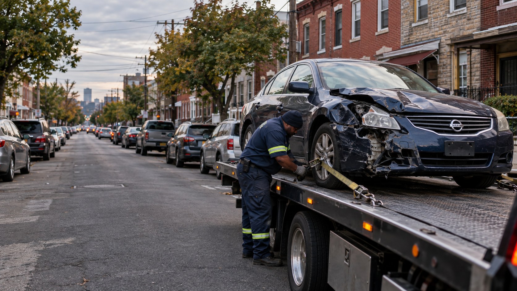 Damaged blue Nissan Altima being secured on a flatbed along a North Philadelphia rowhouse street