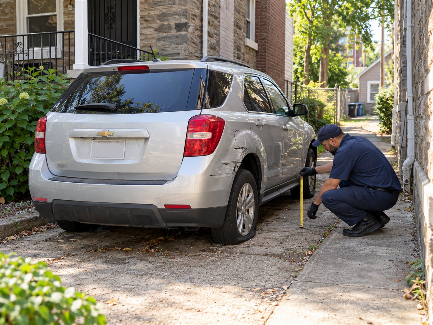 Tow professional measuring access around a silver Chevrolet Equinox in a narrow West Philadelphia driveway