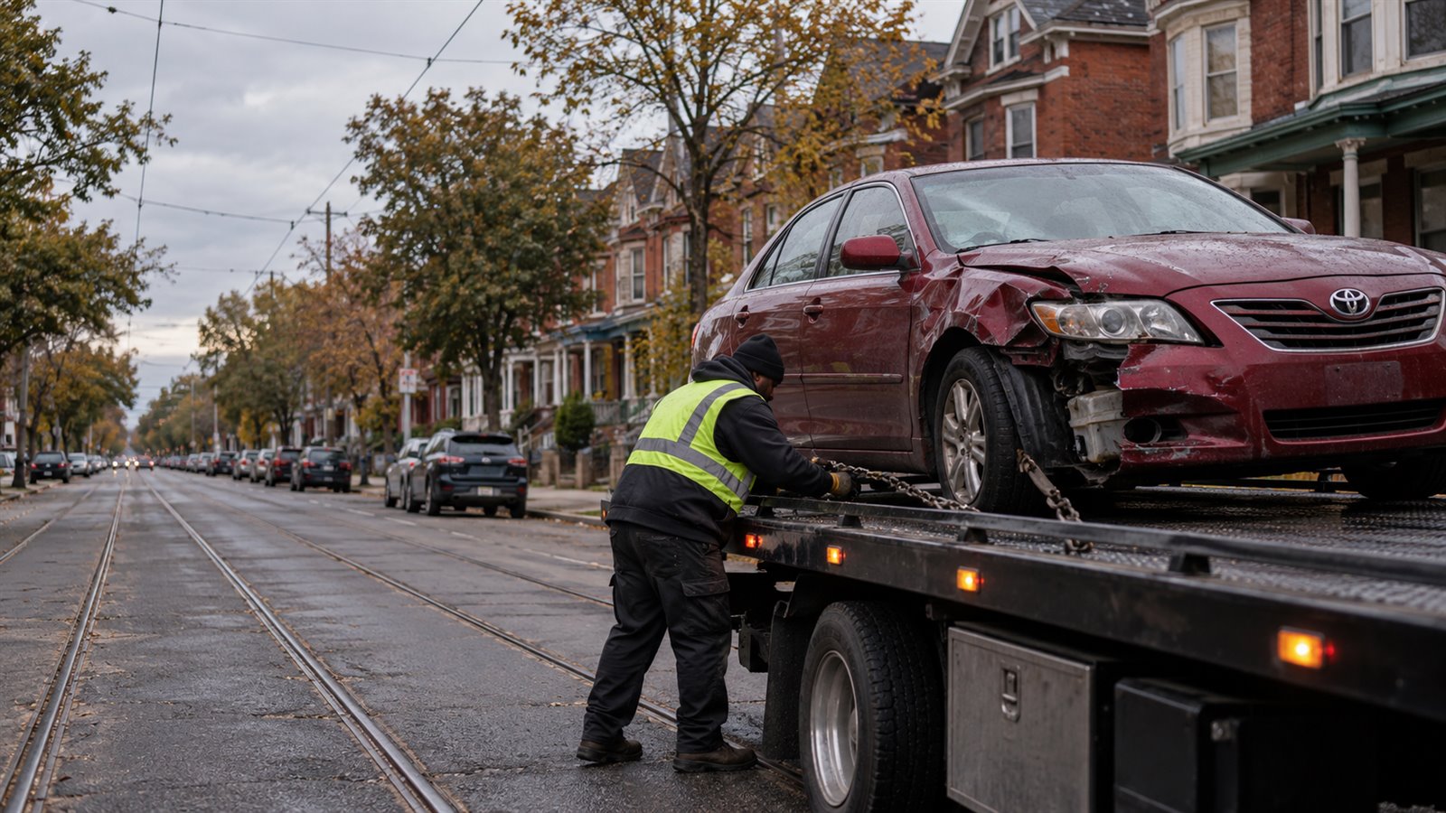 Damaged red Toyota Camry being loaded onto a flatbed beside trolley tracks in West Philadelphia