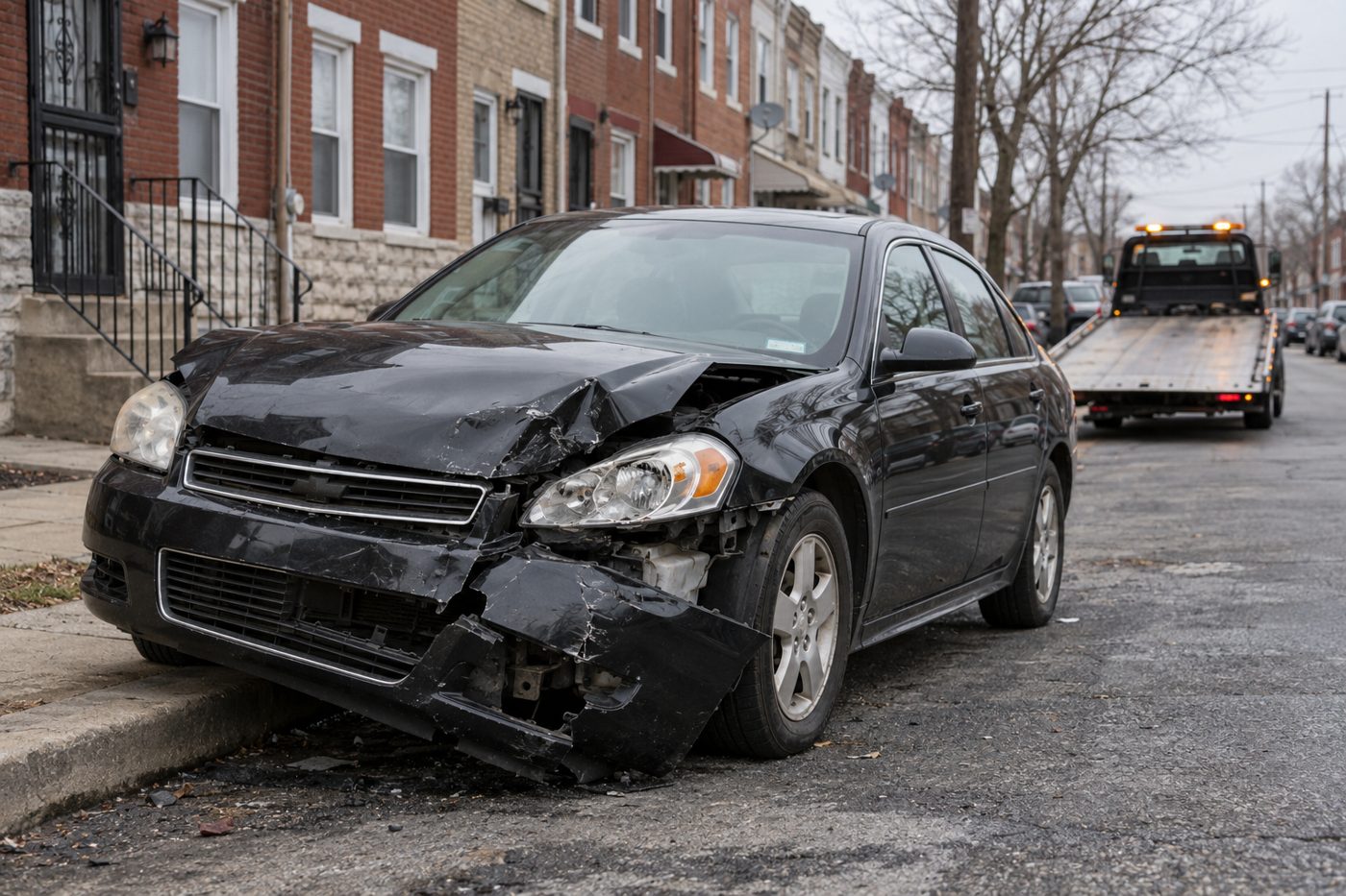 Illustrative damaged Chevrolet Impala pickup scenario in Northeast Philadelphia