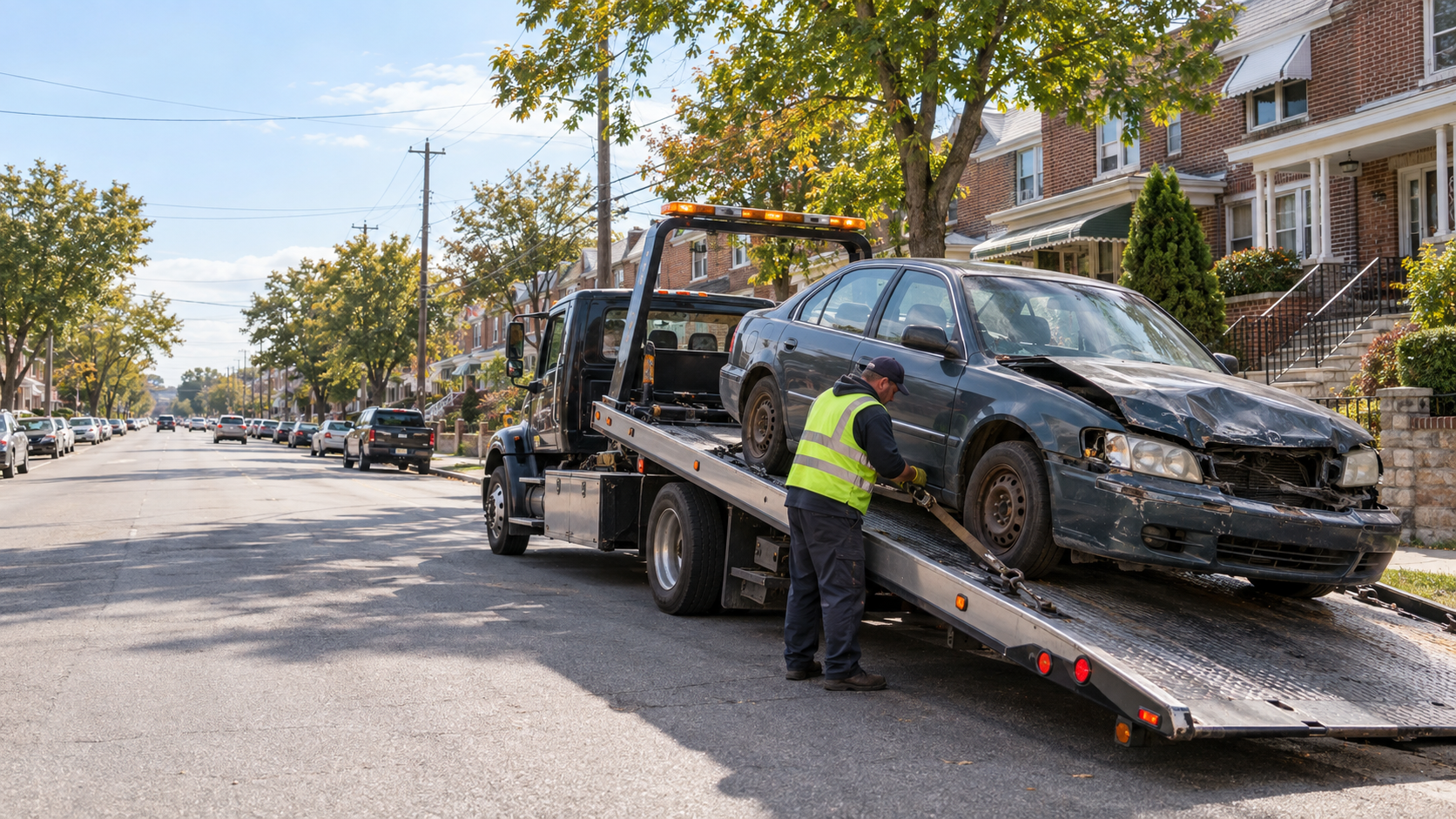 Tow operator securing a damaged sedan for junk car removal in Northeast Philadelphia