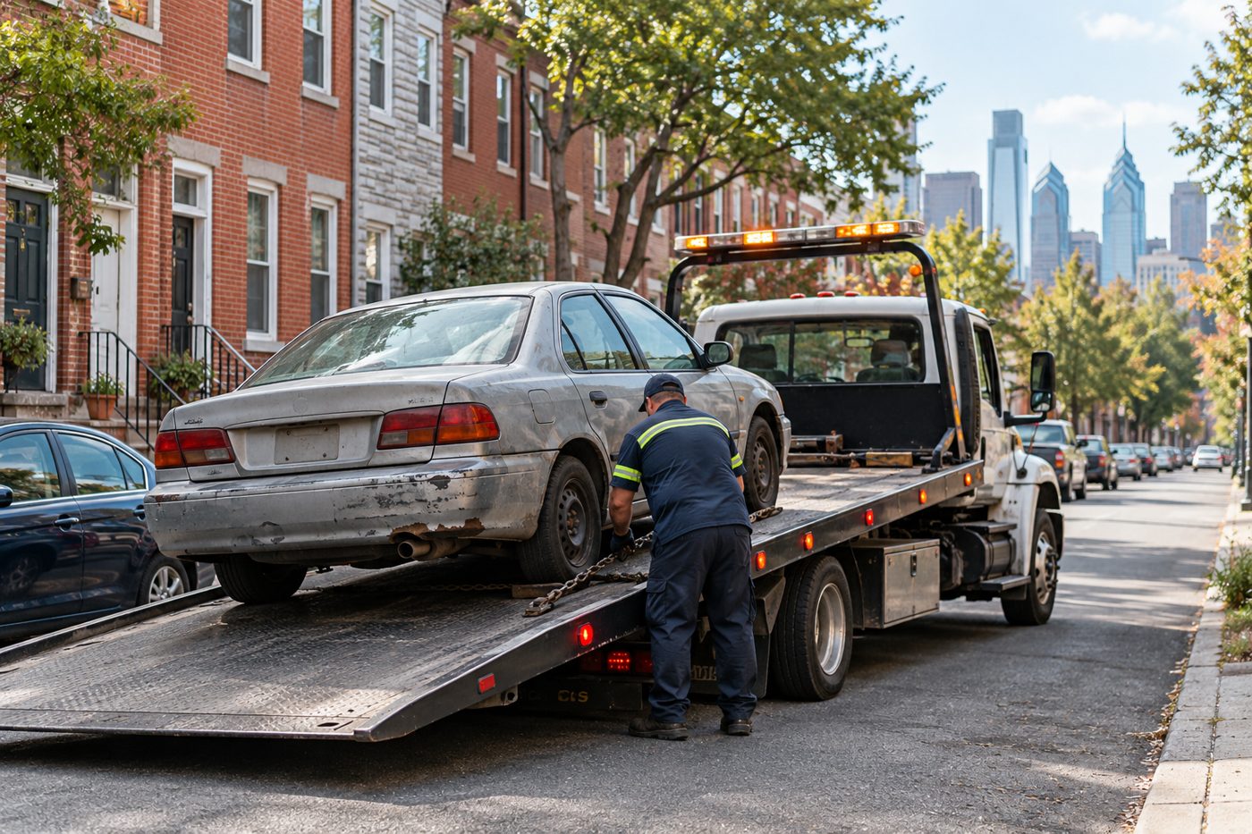 Illustrative old sedan being loaded onto a tow truck
