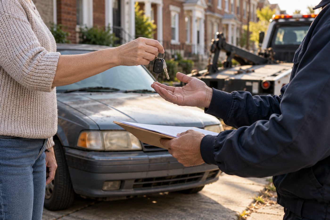 Illustrative vehicle key handoff during a junk car sale