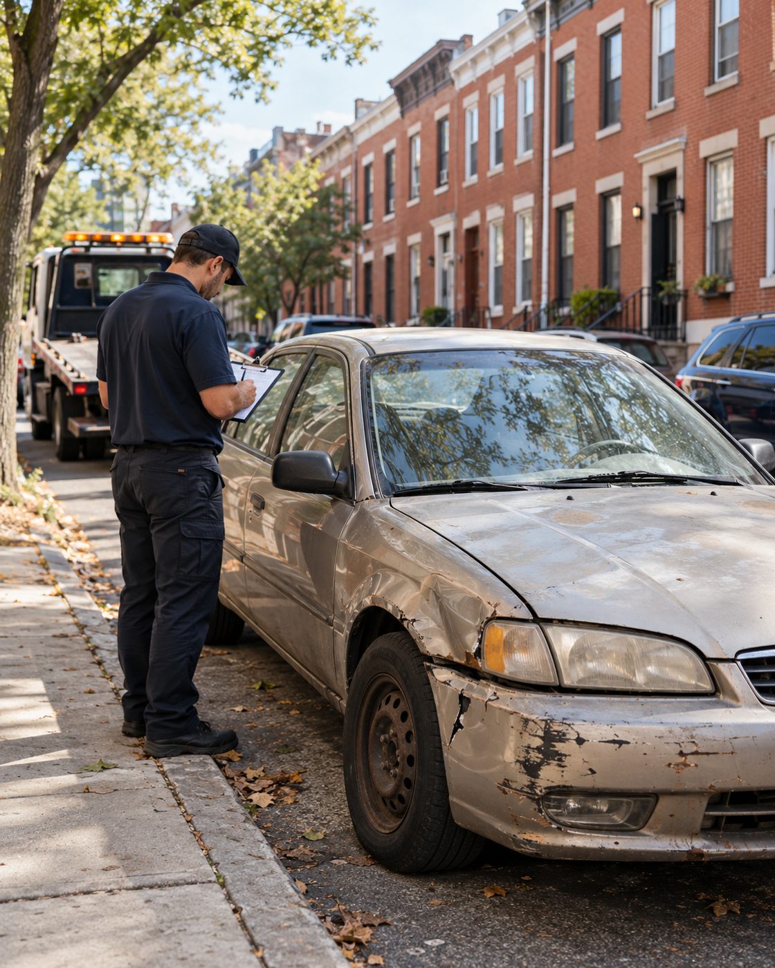 Damaged junk car being inspected for a cash offer on a Philadelphia rowhouse street