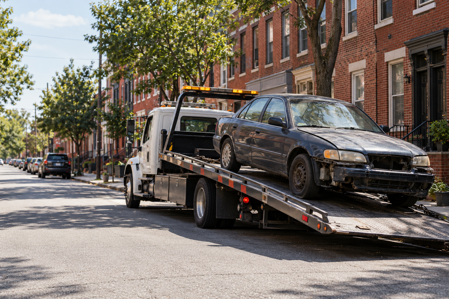 Damaged car secured on a flatbed during junk car removal on a South Philadelphia rowhouse street